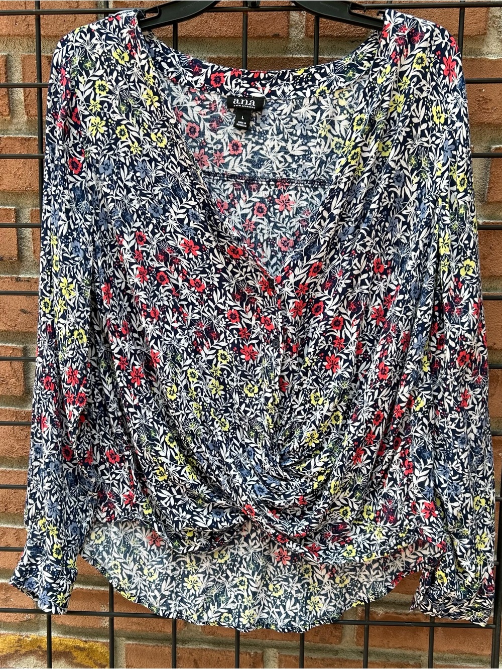 a.n.a Navy Floral Twist-Front Blouse with Red and Yellow Accents